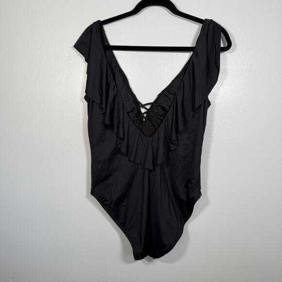 La Blanca Ruffle Plunge One-Piece Swimsuit Black 16 Tummy Control Resort - Picture 4 of 7